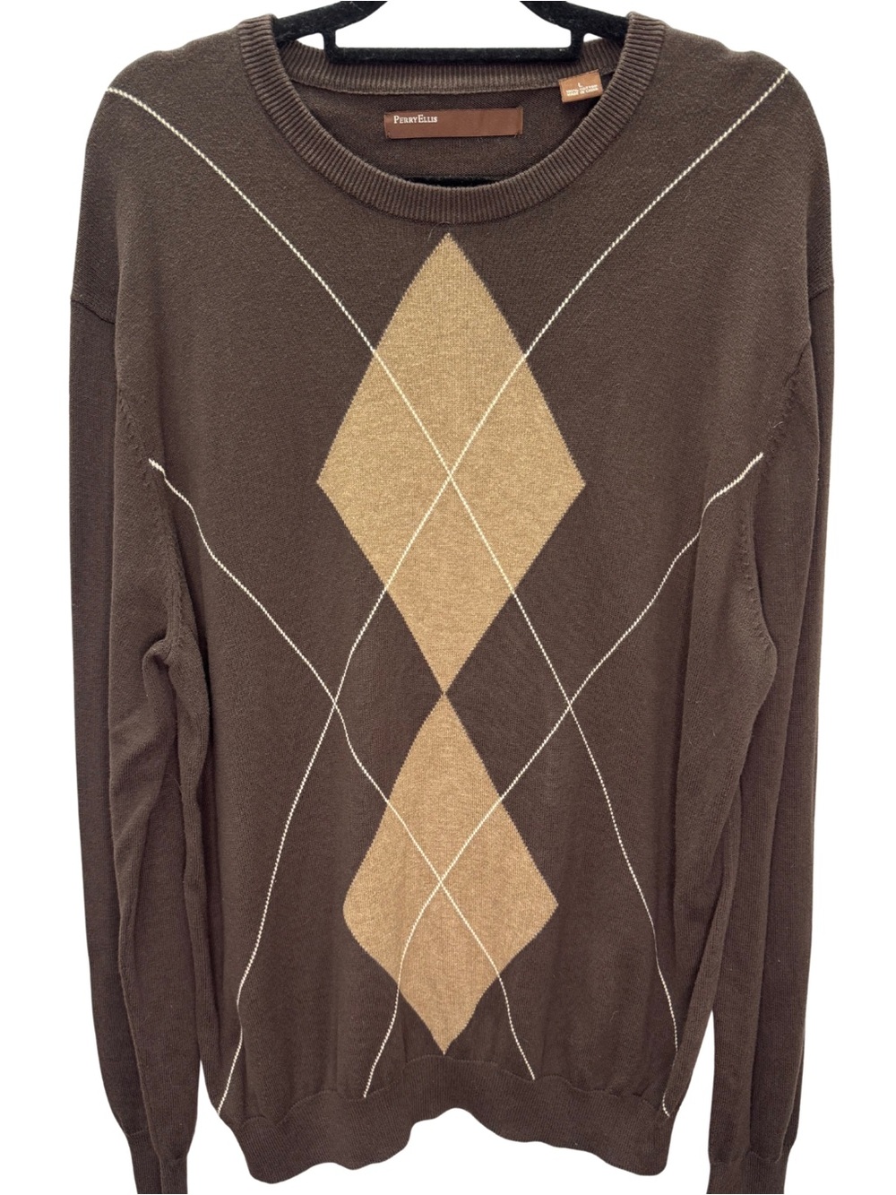 Perry Ellis Brown/Beige Argyle Crewneck Sweater Pullover Style Cotton Mens Large
